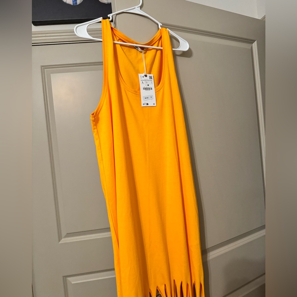 Zara Orange tank drop dress with fringe bottom